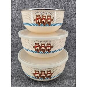 Vtg Set of 3 B&D Enamel Mixing Bowls Teddy Bear Chef w/ 2 Lids Metal 80s Rare